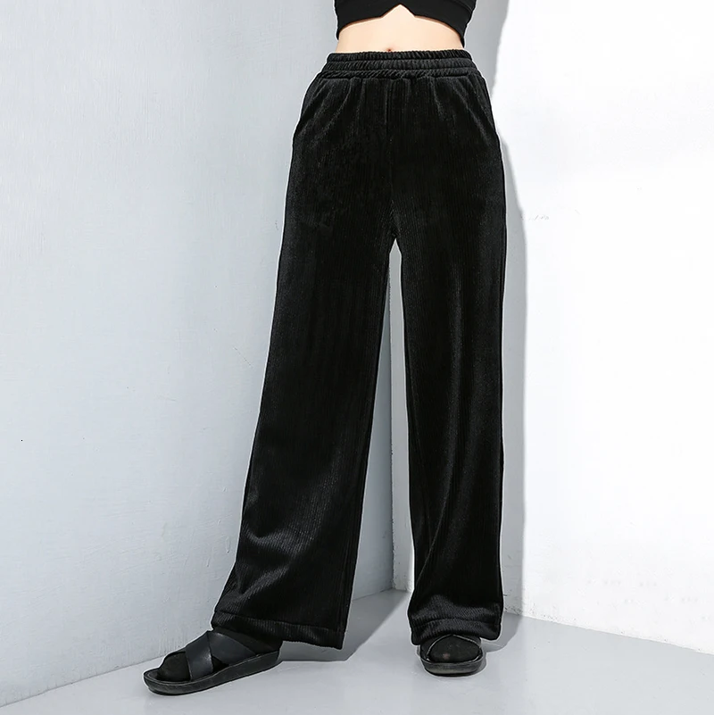 [EAM] High Elastic Waist Black Long Velvet Wide Leg Trousers New Loose Fit Pants Women Fashion Tide Spring Autumn 19A-a25