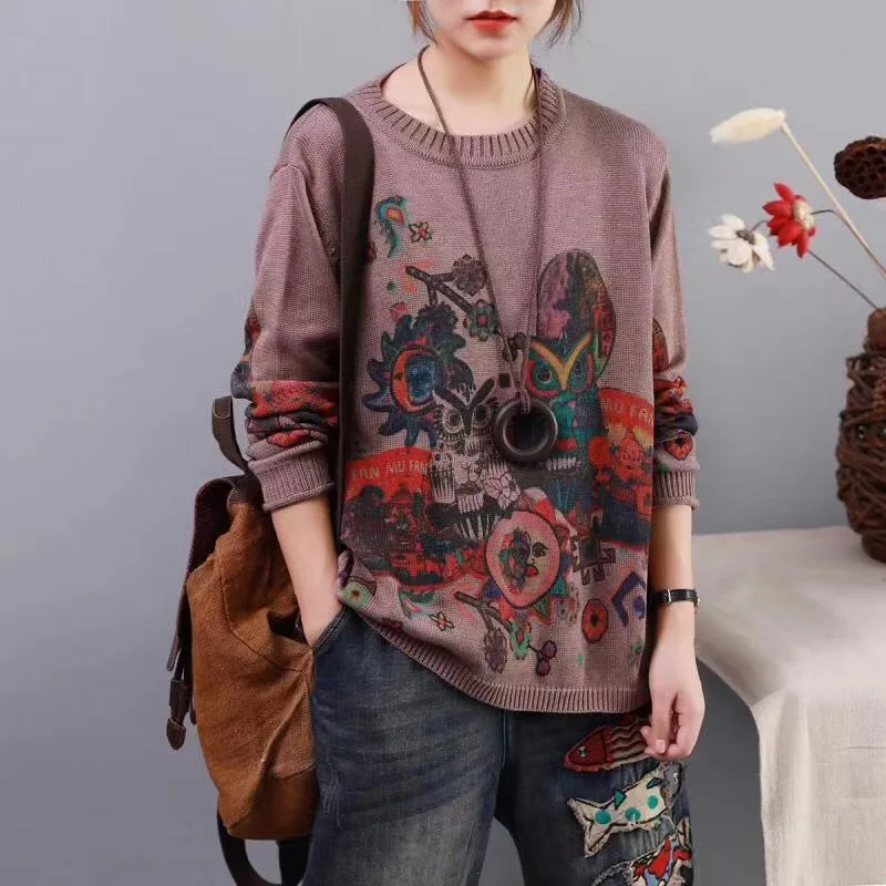 2019 осенний женский новый художественный ветер мультфильм печати круглый вырез