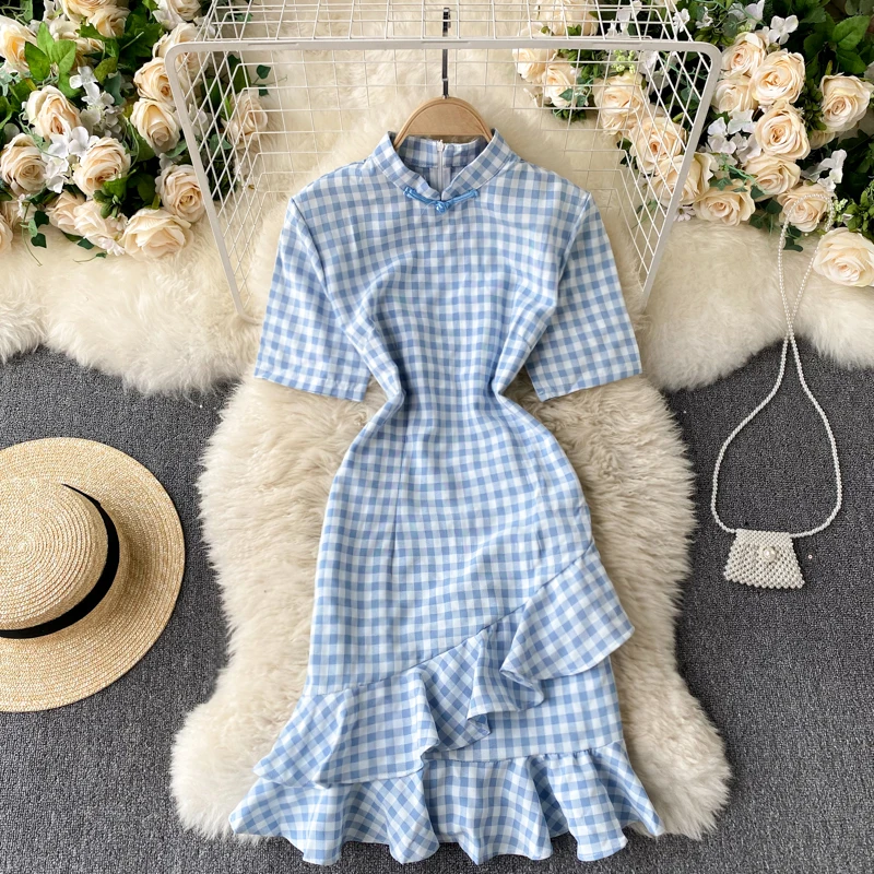 Однотонный синий узор Cheongsam улучшенное платье Для женщин Весенняя Новинка