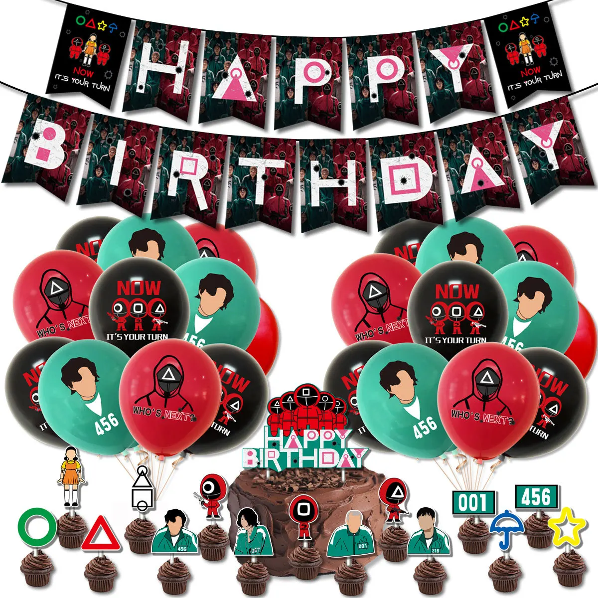 Suministros de fiesta de cumplea&ntilde;os con tem&aacute;tica de juego de calamar, incluye pancarta, adorno para pastel, adornos para cupcakes, globo para decoraci&oacute;n de fiesta de cumplea&ntilde;os para ni&ntilde;a-2