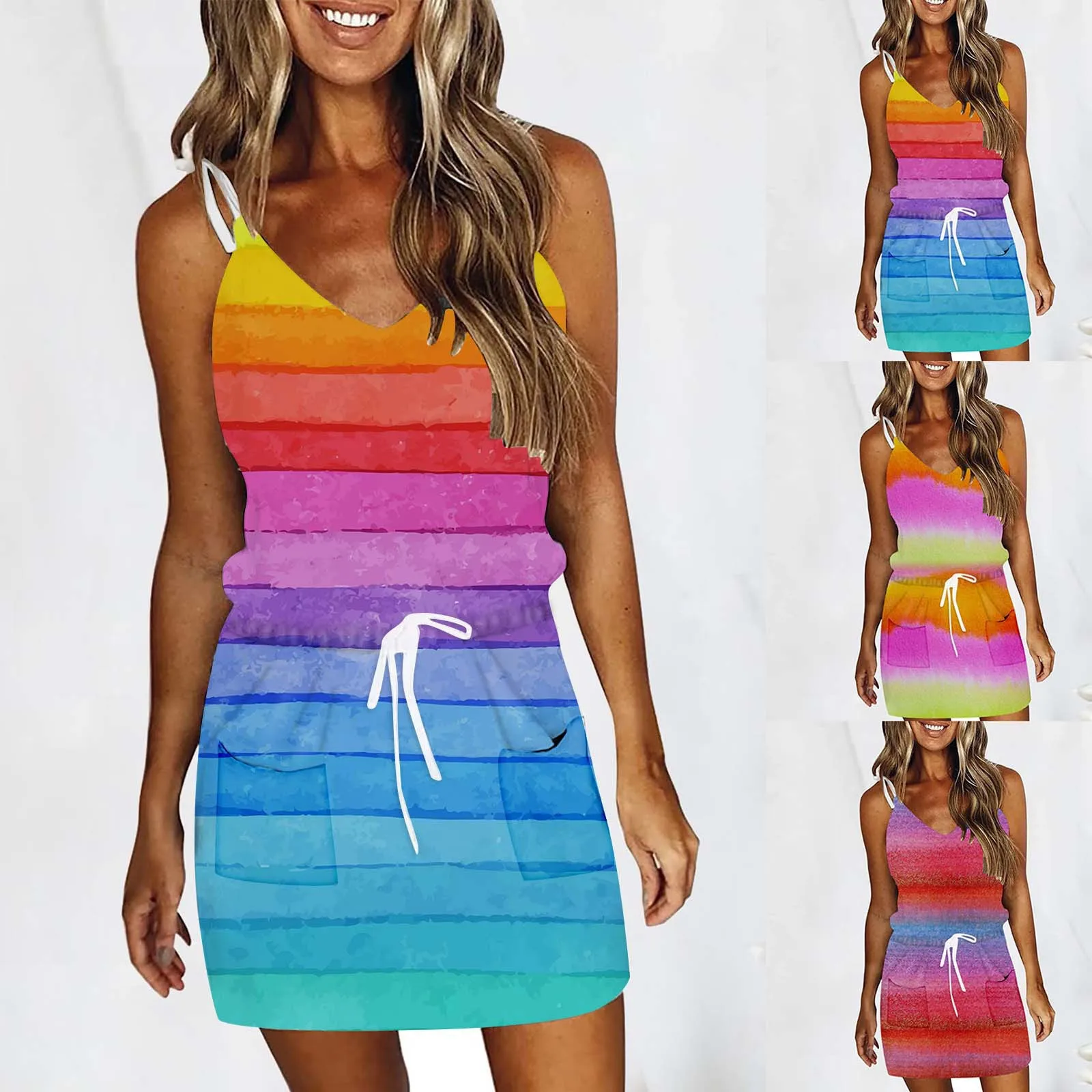 

casual women sling bandage beach dresses ladies V-Neck Sleeveless Tie-dye Printing Pockets Vest Mini Dress платье женское летнее