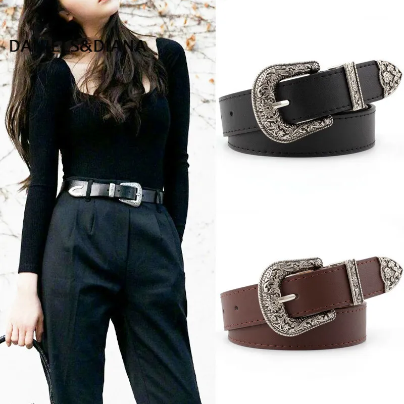 

Black Leather Belt Women Metal Heart Buckle Waist Belt Vintage Western Carved Ladies Belt Waistband cinturon mujer