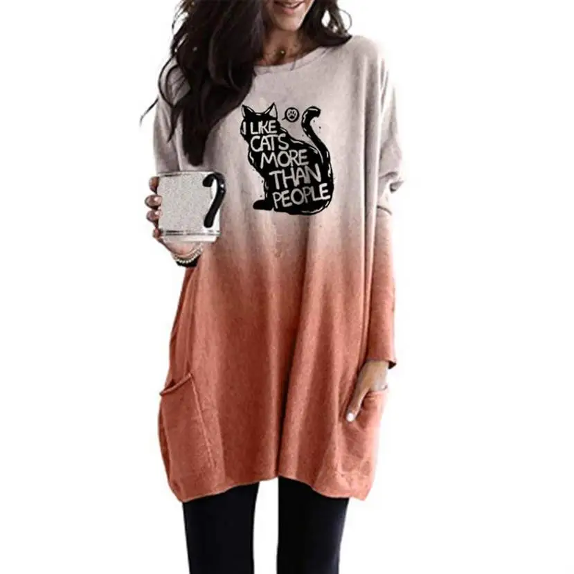 

Fashion Leisure Cat Graphic Print Long T-Shirt Women Gradient Long Sleeve Pocket T-Shirt Harajuku Women Kawaii Plus Size Shirt