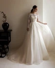 Свадебное платье-трапеция с круглым вырезом, длинным рукавом и кружевной аппликацией, из тюля, платье невесты до пола со шлейфом, 2022
