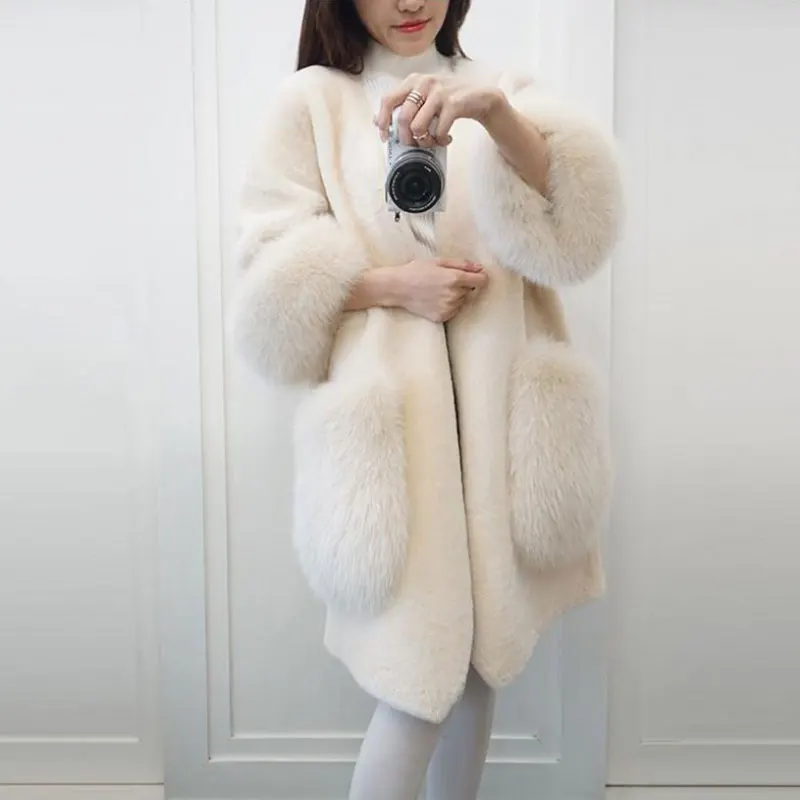 

Winter New Faux Fur Coat Female Lamb Fur Mink Mid-length Loose Coats Imitation Fox Fur Sheep Shearing Plush Thick Warm Jacket