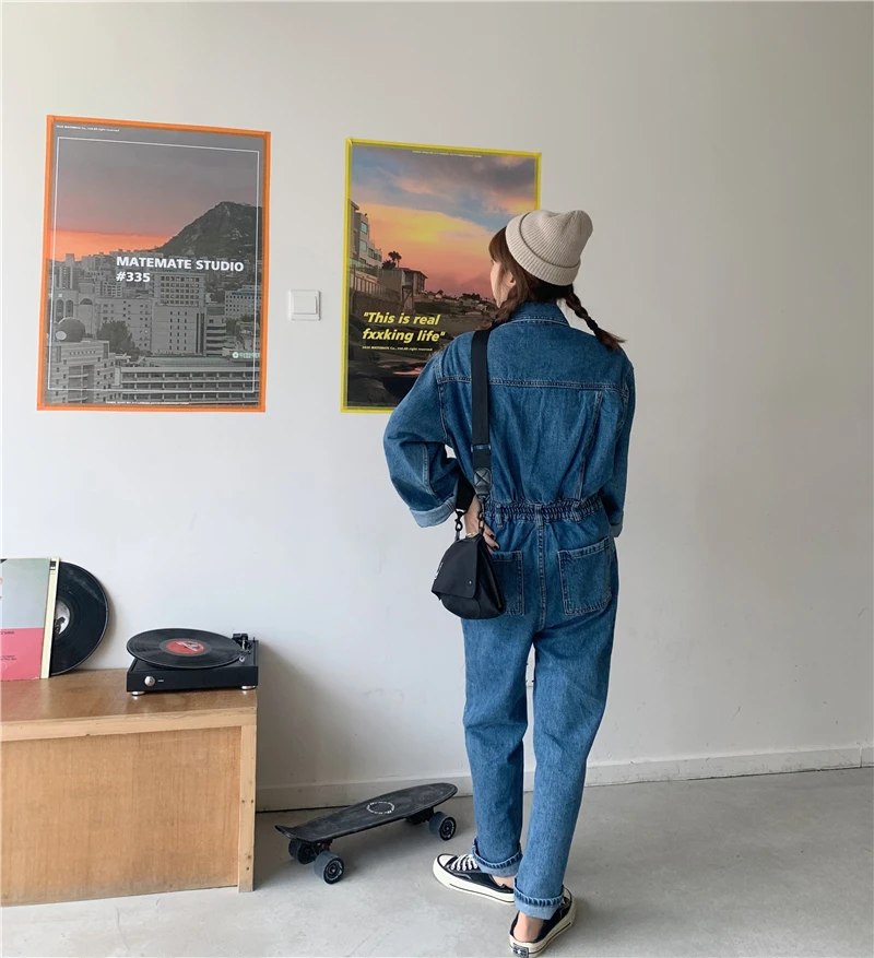 

Women's Retro Denim Loose Jumpsuit Autumn New Romper Trousers Cargo Pants Elastic Waist Long Sleeve Casual Woman Clothes 2020