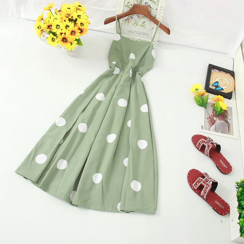 Women Polka Dot Chiffon Long Dress Sexy Spaghetti Strap Backless Vintage Party Female High Waist Elegant Dresses | Женская одежда