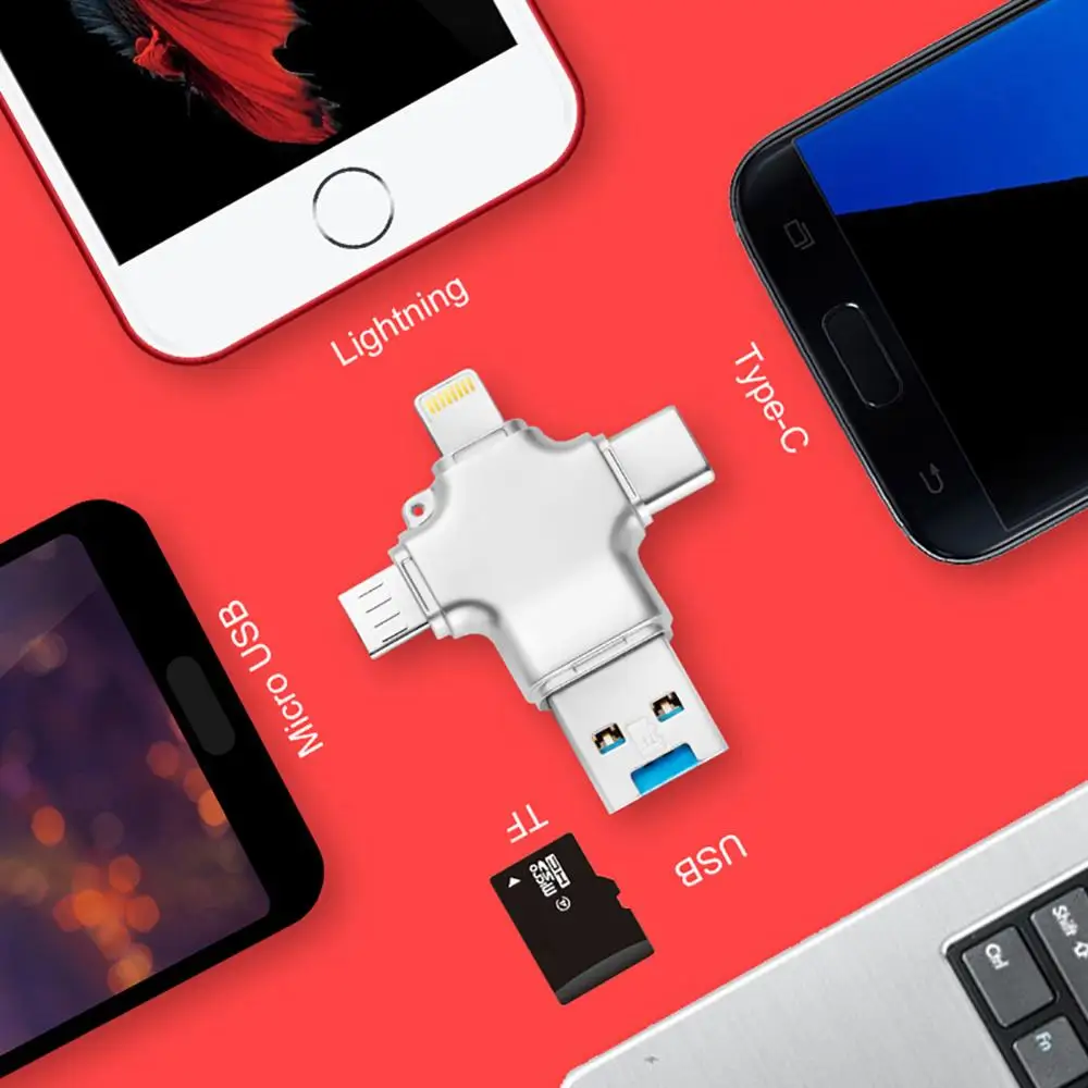 BRU 4 в 1 картридер для iPhone5 6s 7Plus 8X MicroSD TF карта памяти iPad Macbook type c Android телефон OTG