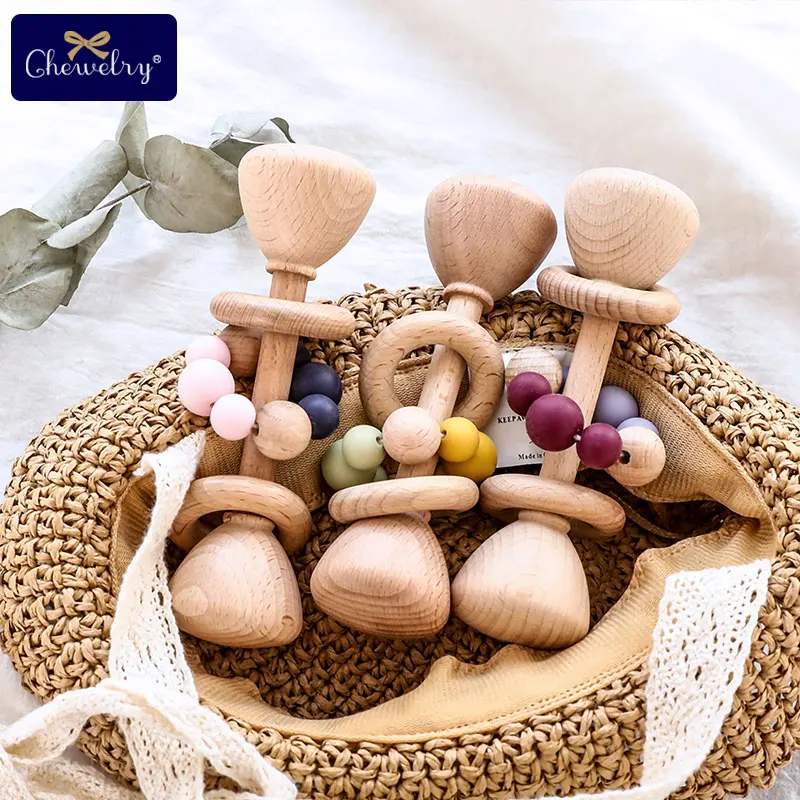 

1PC Baby Teether Toys Beech Wooden Rattle Wood Teething Rodent Ring Silicone Beads Musical Chew Play Gym Montessori Stroller Toy
