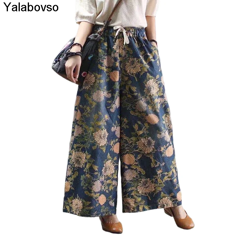 

Женские джинсы с принтом в стиле ретро, джинсы с эластичным поясом и широкими штанинами, одежда для женщин, верхняя одежда Yalabovso, весна-лето ...
