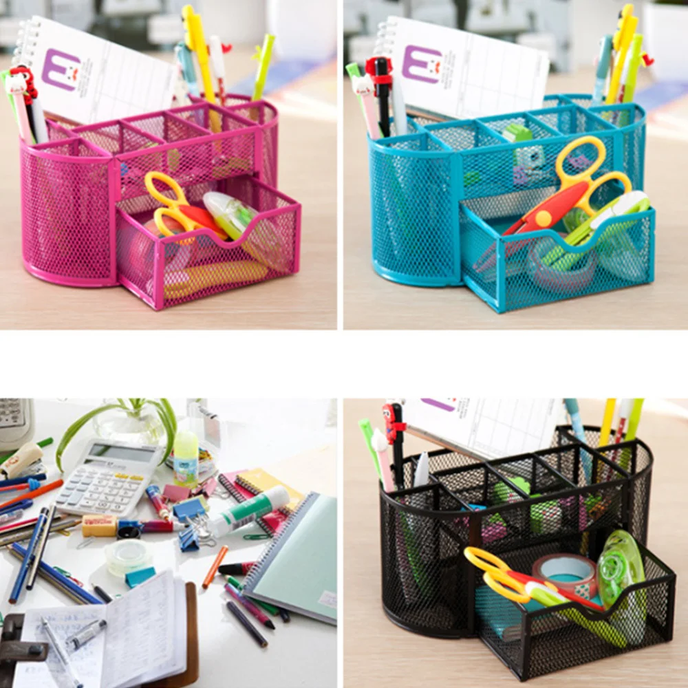 

Office Organizer Storage 9 Cell Metal Desk Organizer Mesh Desktop Pencil Sundries Badge Holder Storage Box Office School Supplie
