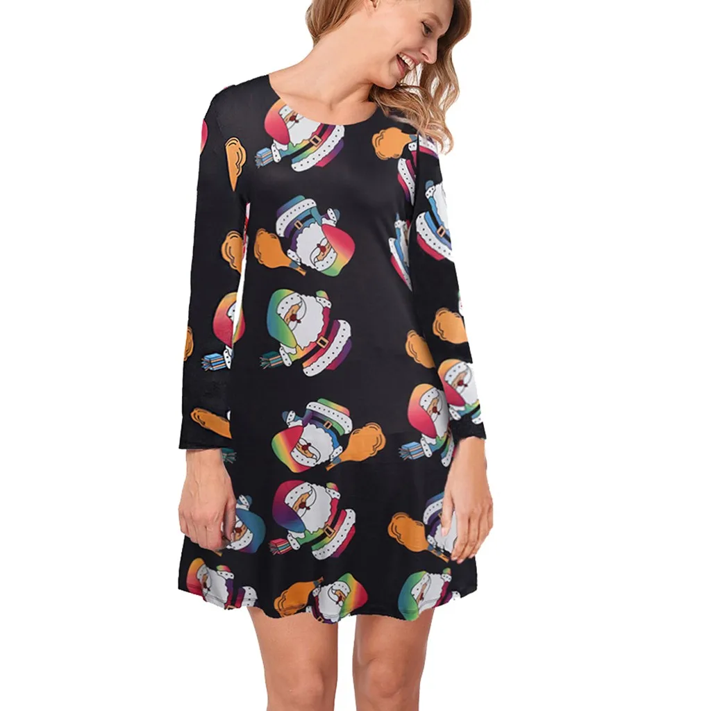 Женское рождественское платье с принтом Санта Клауса длинным рукавом а силуэт