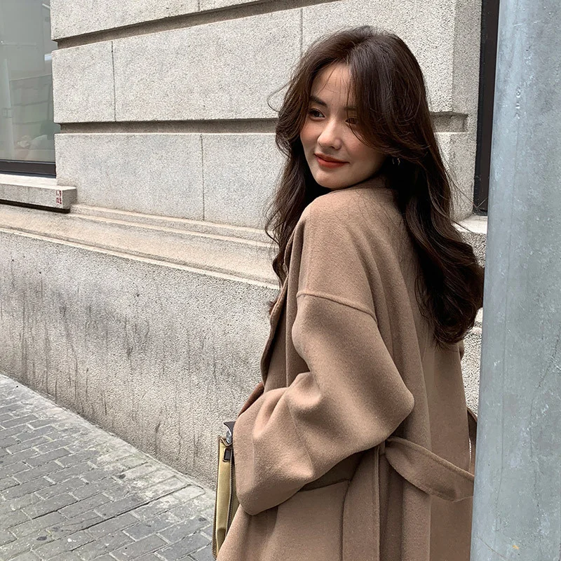 

21 autumn and winter double faced cashmere coat women's middle and long new thickened high-end loose wool over the knee coat