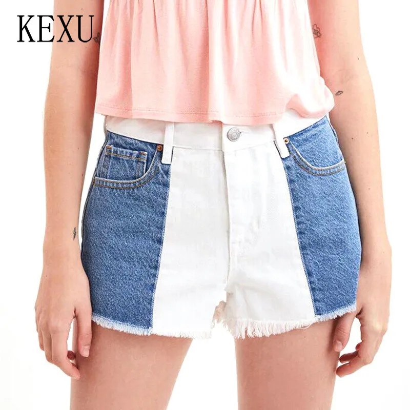 

KEXU Casual Cowboy Short Pants Color Contrast Patchwork Button Up Pockets High Waist Elegant Women Bag Hip Party Club Wear