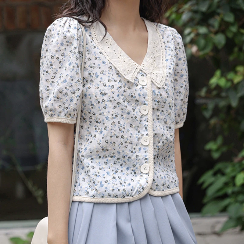 

Чужой Kitty летняя Элегантная вышивка с короткими рукавами Горячая блузка 2021 свободные Femme Gentlewoman леди Повседневное новые футболки с цветочны...