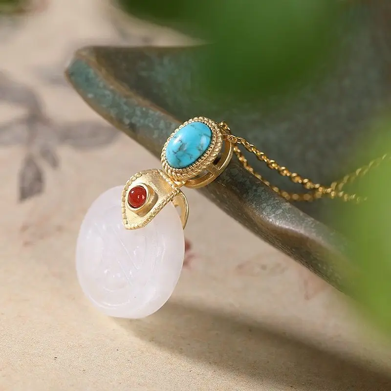 

S925 Sterling Silver Natural Hetian Jade South Red Pendant Vintage Upscale Peace Buckle Women's Sweater Chain Pendant Necklace