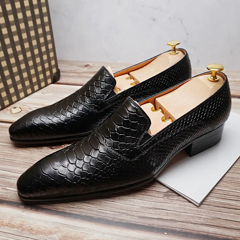 Luxury Men's Loafers genuine leather shoes Snake Skin Prints Shoes Black Brown Slip On Men Dress Party Office Casual | Обувь