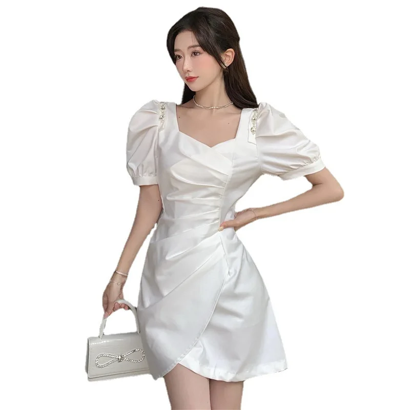 

Summer Solid Color Diamond Dress Women V Neck Irregular Mini Dress Vintage Short Puff Sleeve Slim Female Party Dress Vestidos