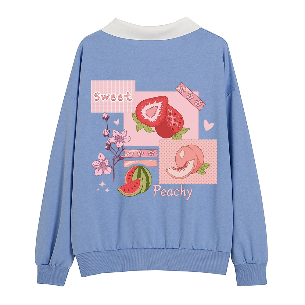 Spring Autumn Sweatshirt Woman Cartoon Harajuku Polo Collar Trendy Hoodies for Women Kawaii Japanese Style Strawberry Sweetshirt