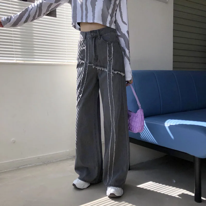 

GOOHOJIO 2020 Vintage Fashionable Wide Legs Denim Pants Ladies Solid Color High Waist Women Jeans Oversized Trousers for Women