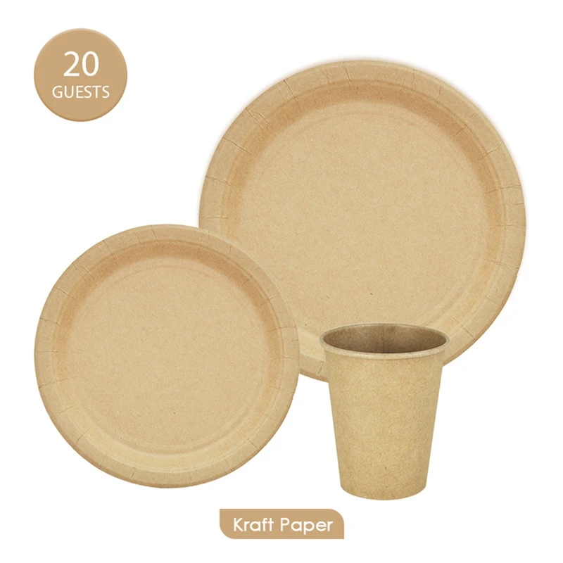 

60 PCS Kraft Paper Tableware Sets Eco-Friendly Disposable Plates Cups Birthday Party Decration Supplies for 20 Guests