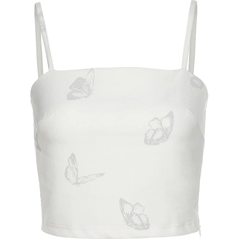 

XUXI 2021 Summer Women Sexy Reflective Butterfly-Printing Outer Wear Small Sling Female Streetwear Slim Top E2356