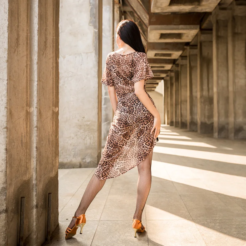 Женское платье для латинских танцев с леопардовым принтом танго сальса ча