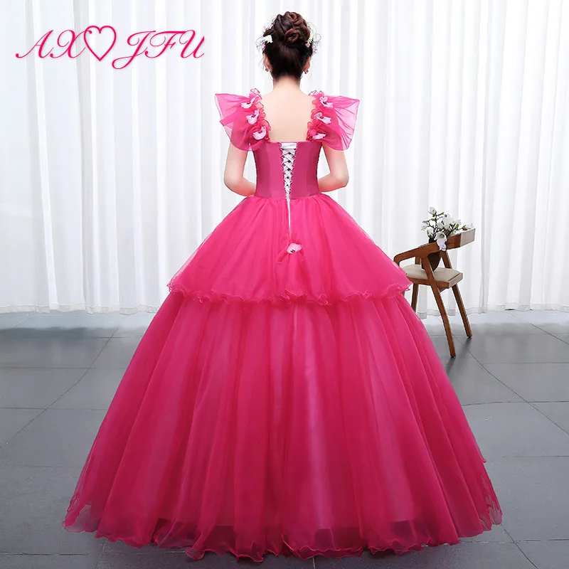 

AXJFU luxury princess Peach Pink lace evening dress vintage sweet heart beading flower host ball gown stage bride evening dress
