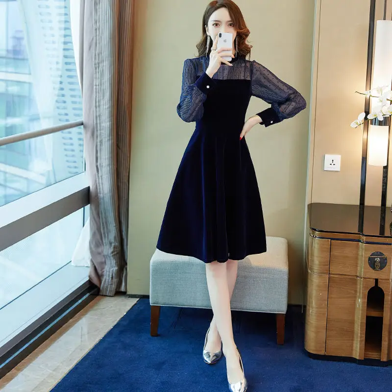 

Женское бархатное платье с длинным рукавом, золотистое свободное платье средней длины в стиле пэчворк, весна-осень 2021