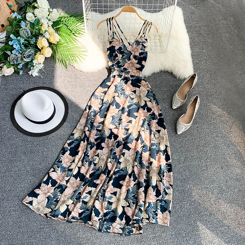 

Beach Holiday Vacation Floral Print Spaghetti Strap Summer Dress Women Sexy Backless Slim Fairy Long Dresses Jurken Zomer 2020