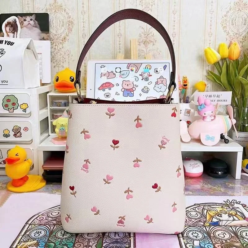 

Women Bucket Bag with Dandelion Heart Floral Printed Shoulder Bag Crossbody Messenger Bag Luxury Desinger Handbag