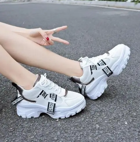pure white Женские кроссовки; коллекция года; сезон весна; женская повседневная обувь; разноцветная обувь на толстой подошве; женская обувь на платформе; обувь на массивном каблуке, увеличивающая рост - Цвет: pure white