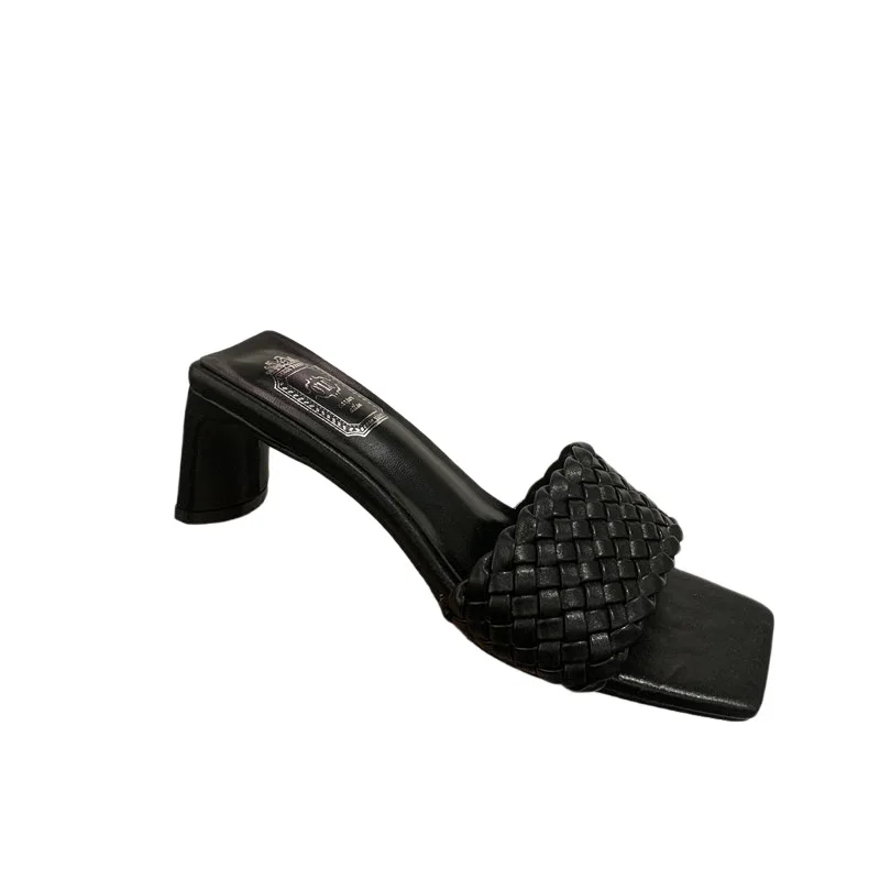 

Low Shoes Woman 2021 Square heel Slippers Heels Pantofle Luxury Slides Block High New Summer Designer Rome Fashion Fabric PU Bas