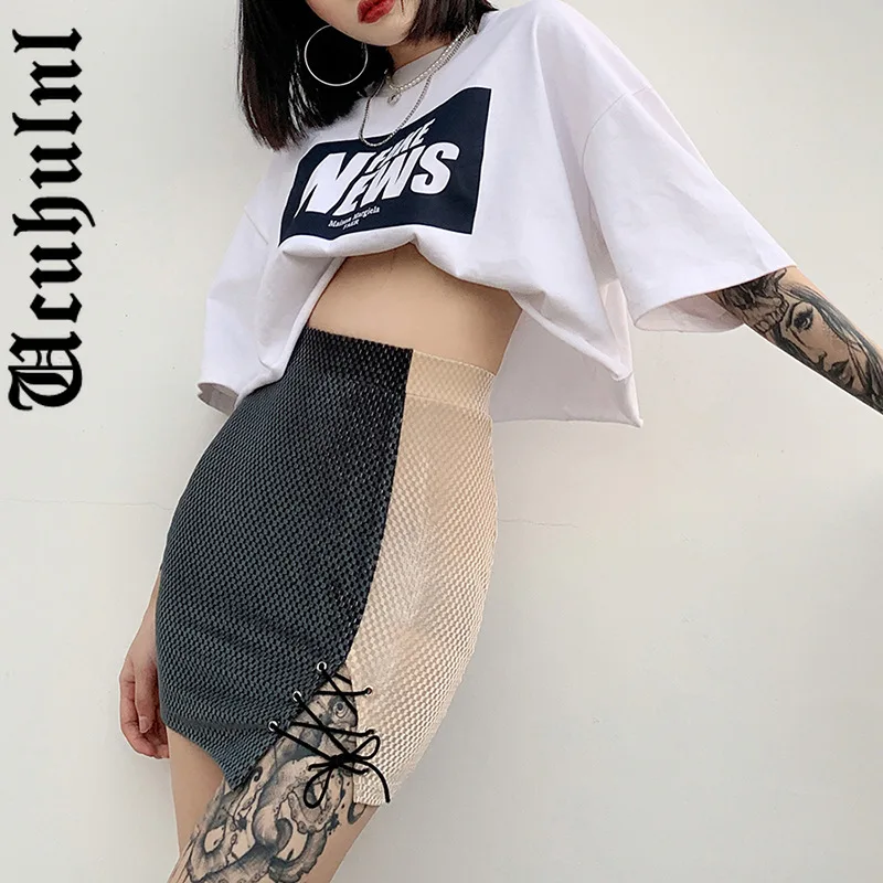 

Ucuhulnl Harajuku Vintage Skirt Goth Patchwork Hollow Out Bandage High Waist Skirt Women Streetwear Elegant Party Summer Skirts