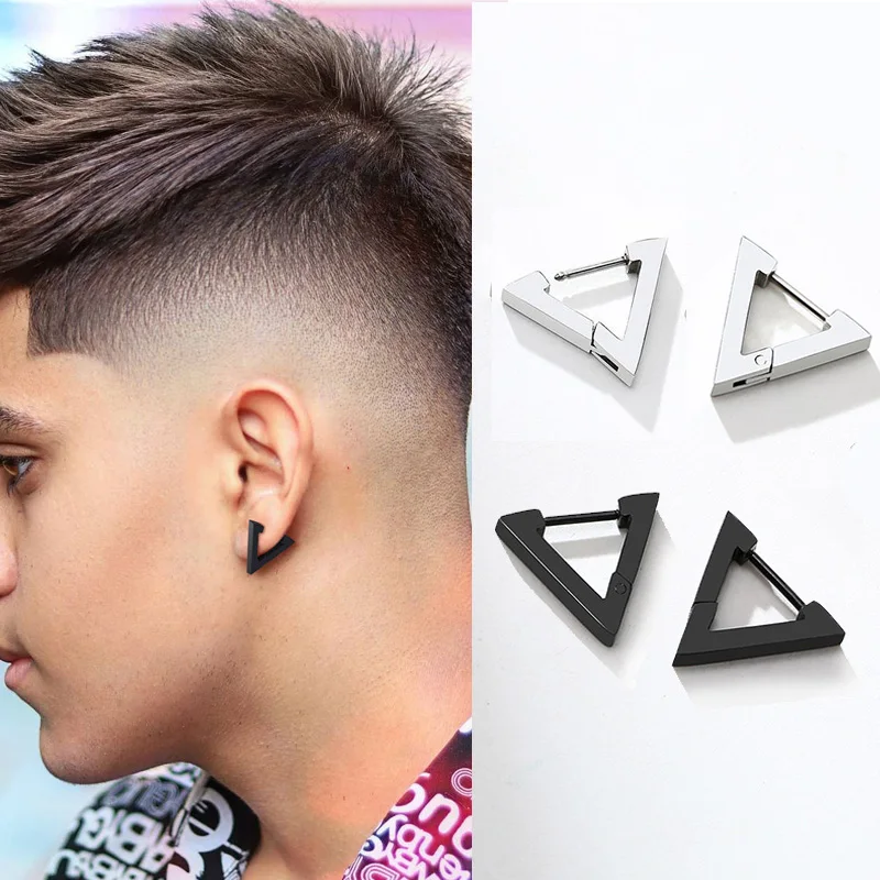 

Modern Unique Guys Geometry Triangle Shaped Hooped Huggie Piercing Stud Earrings for Men Women Stainless Steel Elegant Accessory