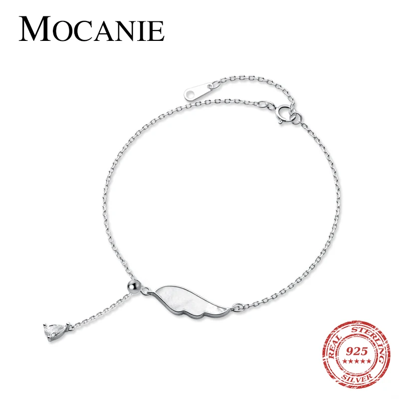 

Mocanie White Shell Angel Wings 925 Sterling Silver Charm Bracelet for Women Light Beads Water Drop Shape Bangle Fine Jewelry