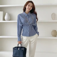 spring slim shirts women loose lantern sleeve slim blouse blue and black office lady shirt tops for female korean