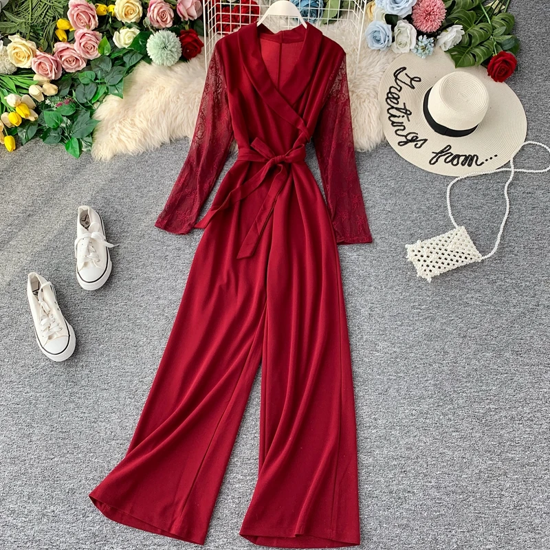 Модный кружевной комбинезон с длинными рукавами для женщин однотонный v образный