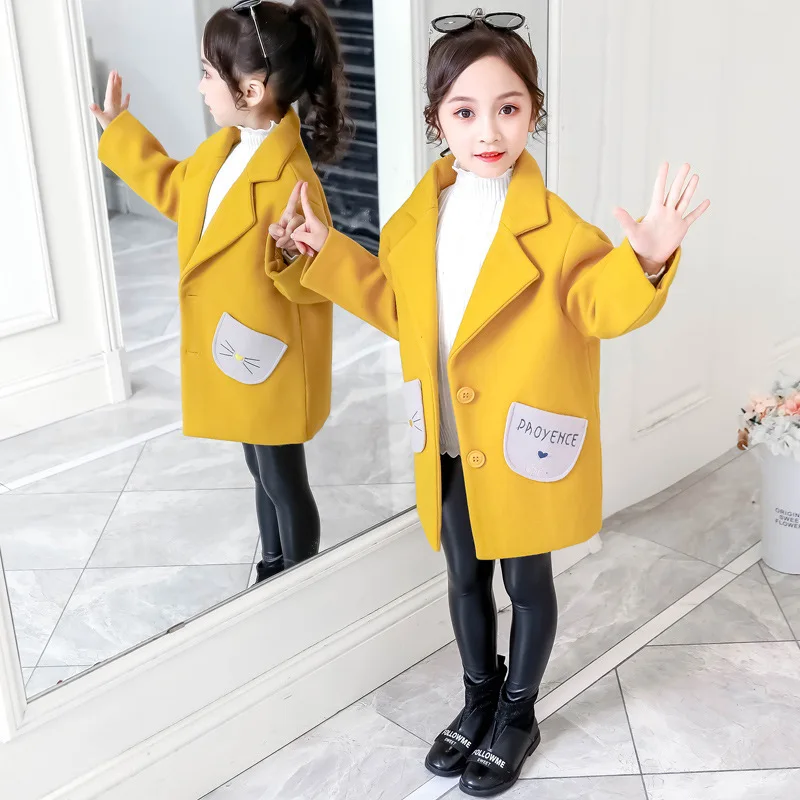 

Girls Woolen Coat Jacket 2021 Letters Warm Thicken Plus Velvet Winter Autumn Cotton Overcoat Teenager Tops Children's Clothes