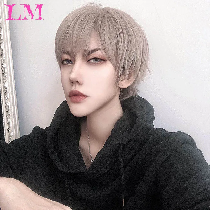 

LM Short Striaght Full Synthetic Wig for Men Male Hair Fleeciness Realistic Wigs For Men Synthetic Hair Cosplay Wig Curly Boy