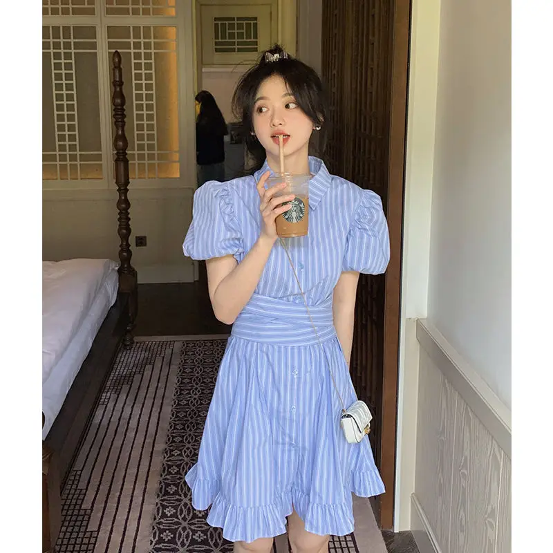 

2021 Ruffle sexy split design striped shirt dress women's new versatile short skirt fashion in spring and summer