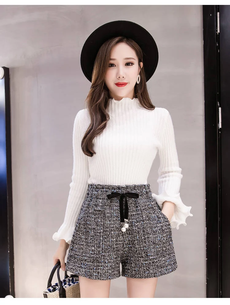 

Autumn Winter wool shorts women high waist Bow Tie Woolen Shorts office Booty shorts harajuku Mini shorts with Pockets