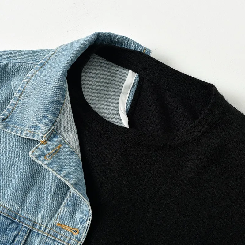 

New Round Neck Long Sleeve Women Big Size Loose Black Stitching Denim Waist Fake Two Pieces Bandage Sweatshirt Streetwear Women