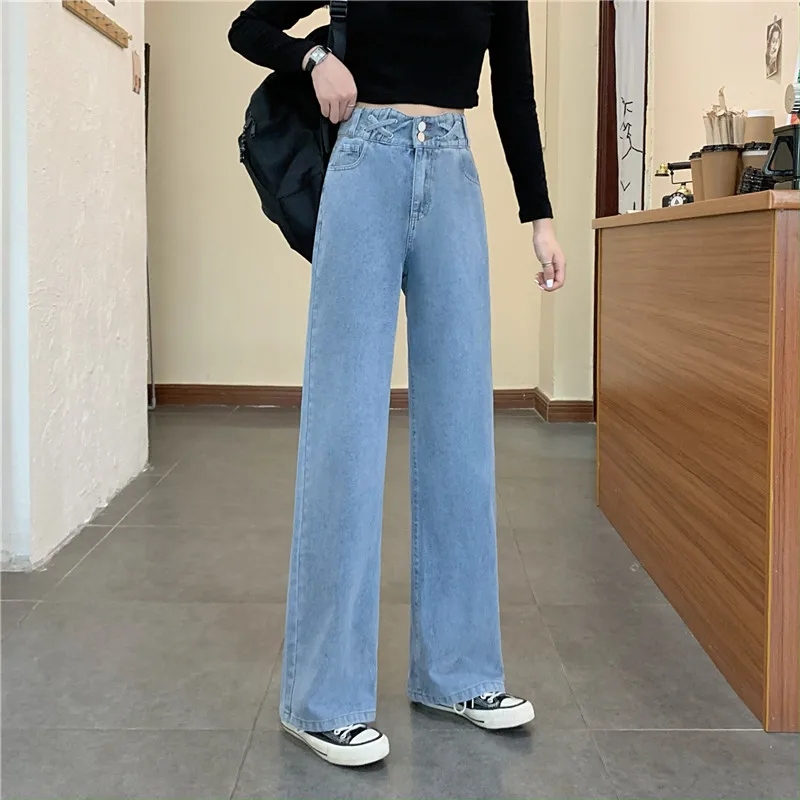 

High Waist Women Blue Jeans 2021 Spring Y2K Streetwear Vintage Baggy Straight Long Pants Casual Versatile Femme Denim Trouser