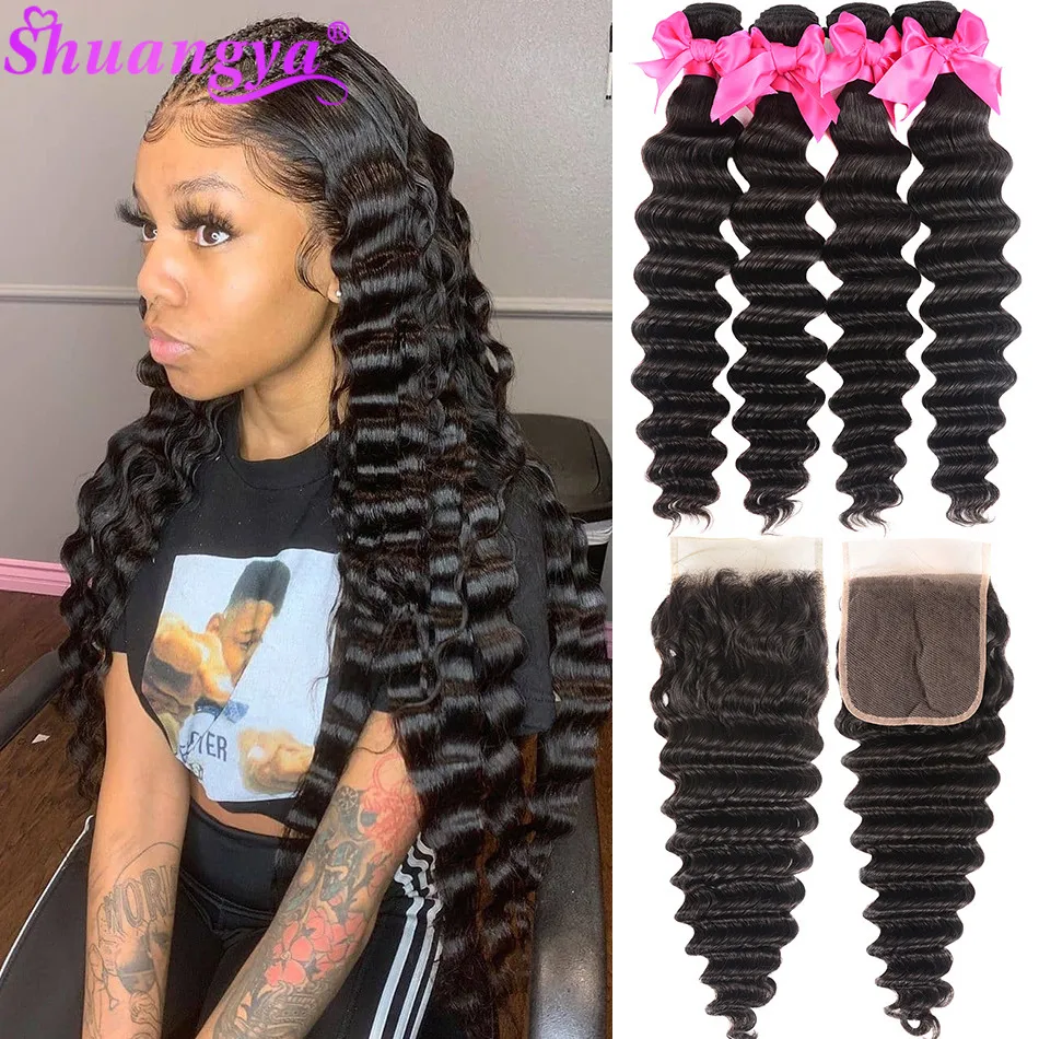Свободные Пряди глубоких волн с застежкой 100% Реми перуанские пряди волос 3/4 Shuangya