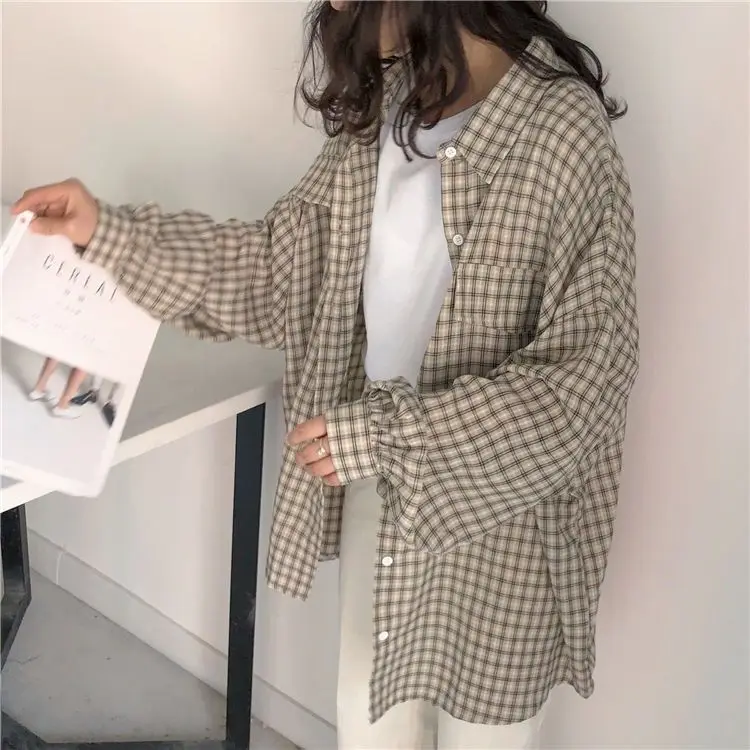 

2021 Spring Summer Oversized Cheap New Plaid Shirt Student Korean Fashion Style Large Size Loose Casual Long Sleeve Top Coat