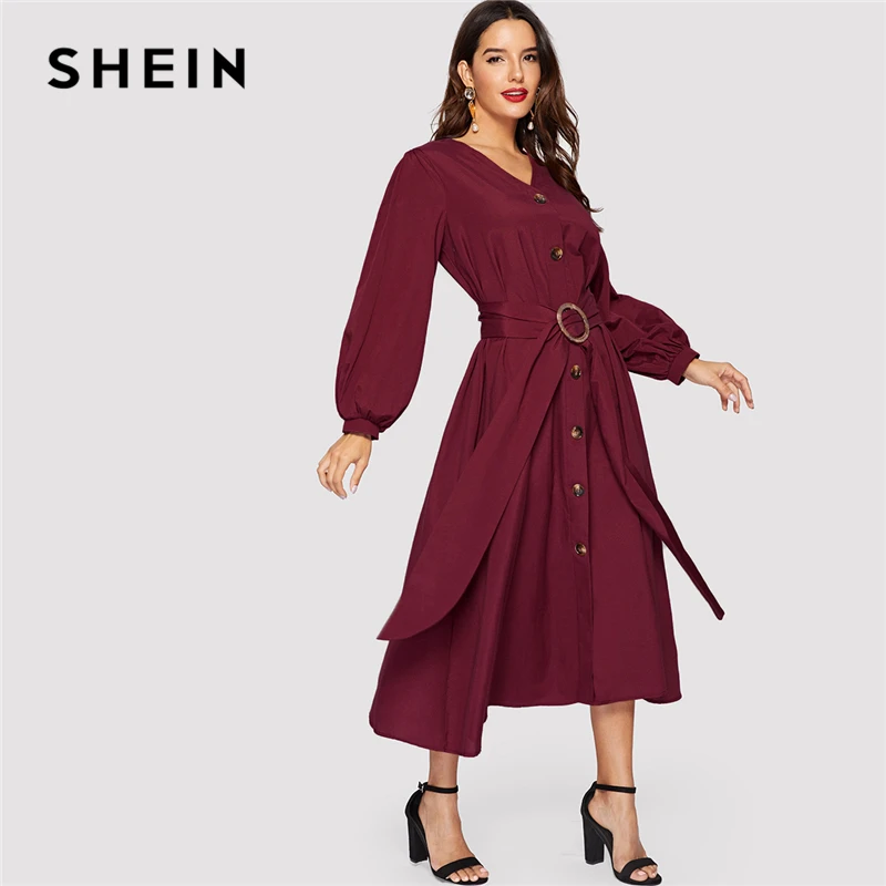 SHEIN Платье На Пуговицах С Поясом Элегантное Платье С V-Образным Вырезом Для Женщин