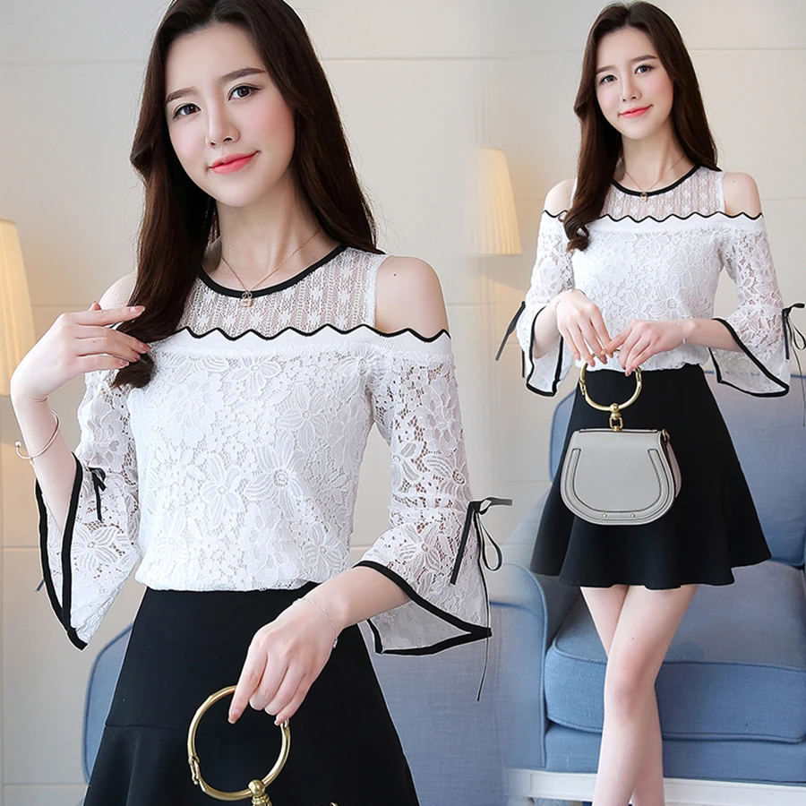 Женская шифоновая блузка с цветочным принтом белая кружевная вырезами в