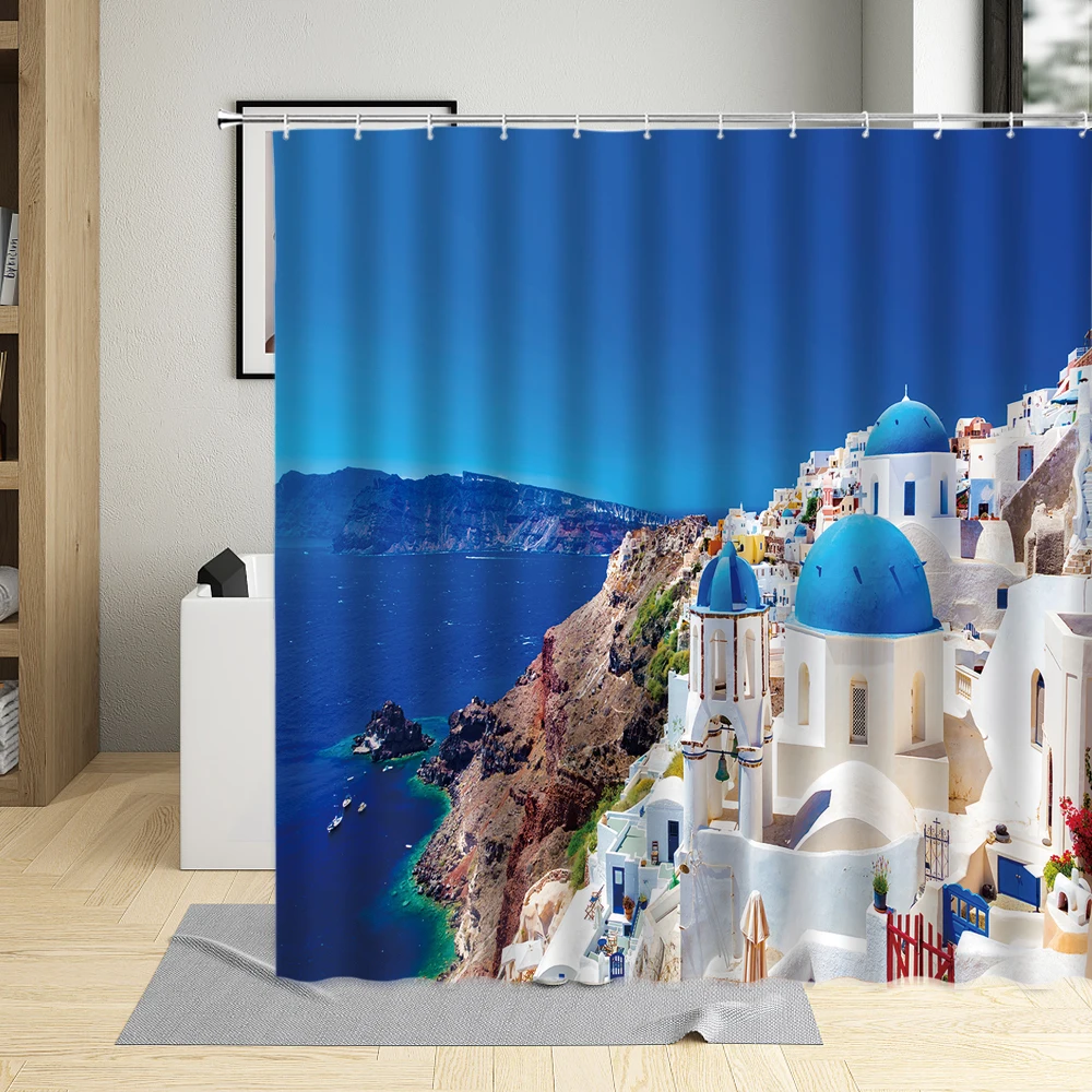 

Занавеска для душа с изображением морского острова, цвет раньше, Греция, белый, Санторини, декор для ванной комнаты, Полиэстеровая ткань, под...