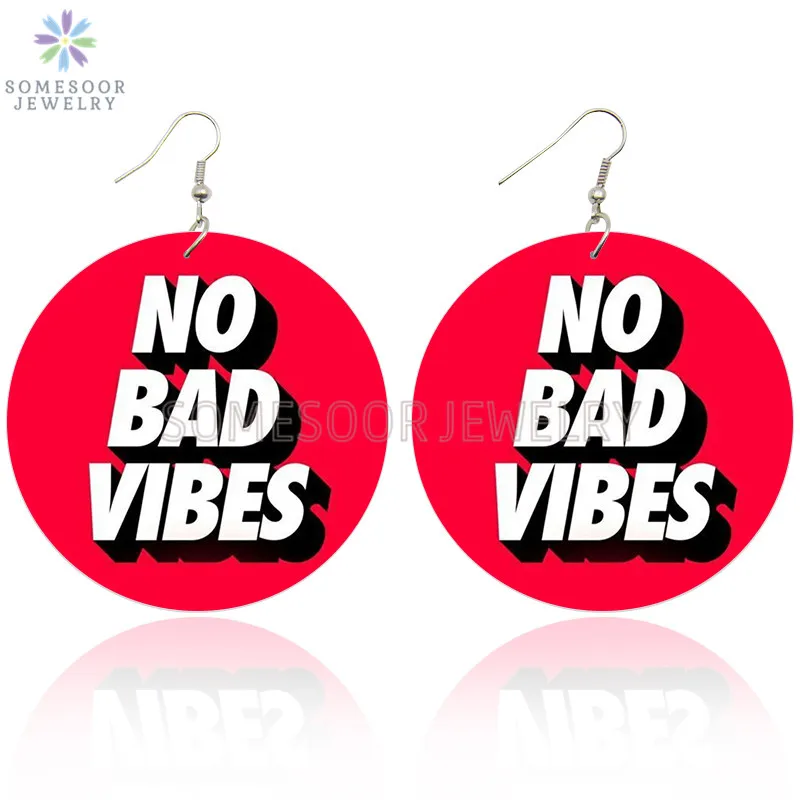 

SOMESOOR Only Good Vibes Wooden Drop Earrings Colorful Sayings Both Sides Printed Cute Ear Loops Dangle Jewelry For Women Gifts